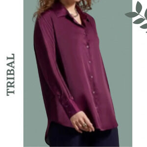 Tribal Black Orchid Long Sleeve Button Down Satin Shirt Purple Collared